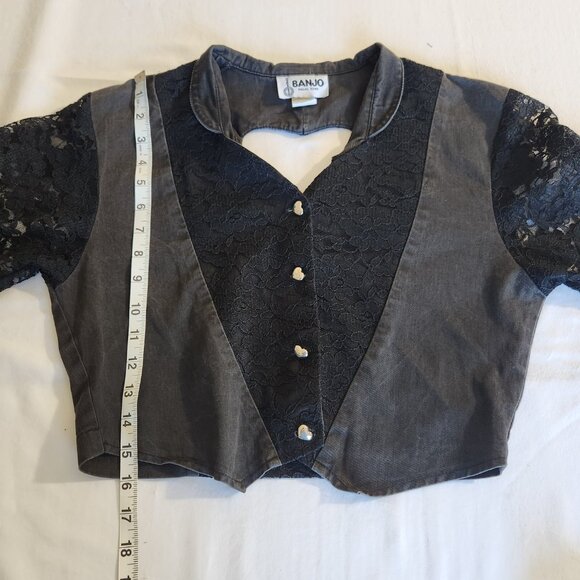 Banjo Dallas TX Women's Size Small Black Denim & Lace Long Sleeve Crop Top Goth - Picture 13 of 16